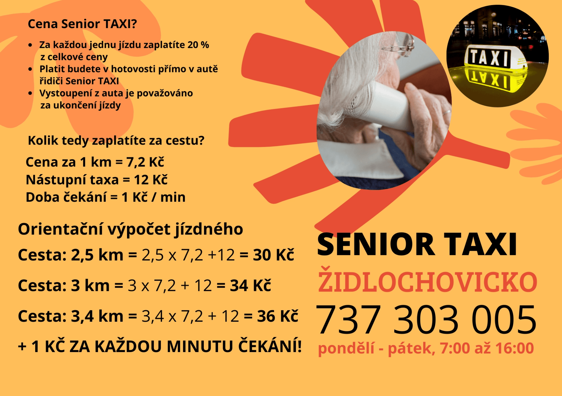 Senior Taxi Židlochovicko – ceník a kontakt, telefon 737 303 005, pondělí–čtvrtek 7:00 až 16:00, pátek 7:00 až 15:00